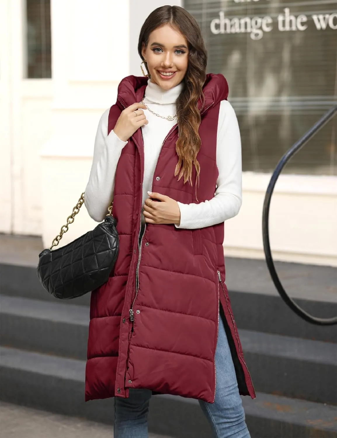 Puffer Vest for Women Long Down Hooded Vest Womens Sleeveless Zip Up Jacket Winter Thick Coats with Pockets