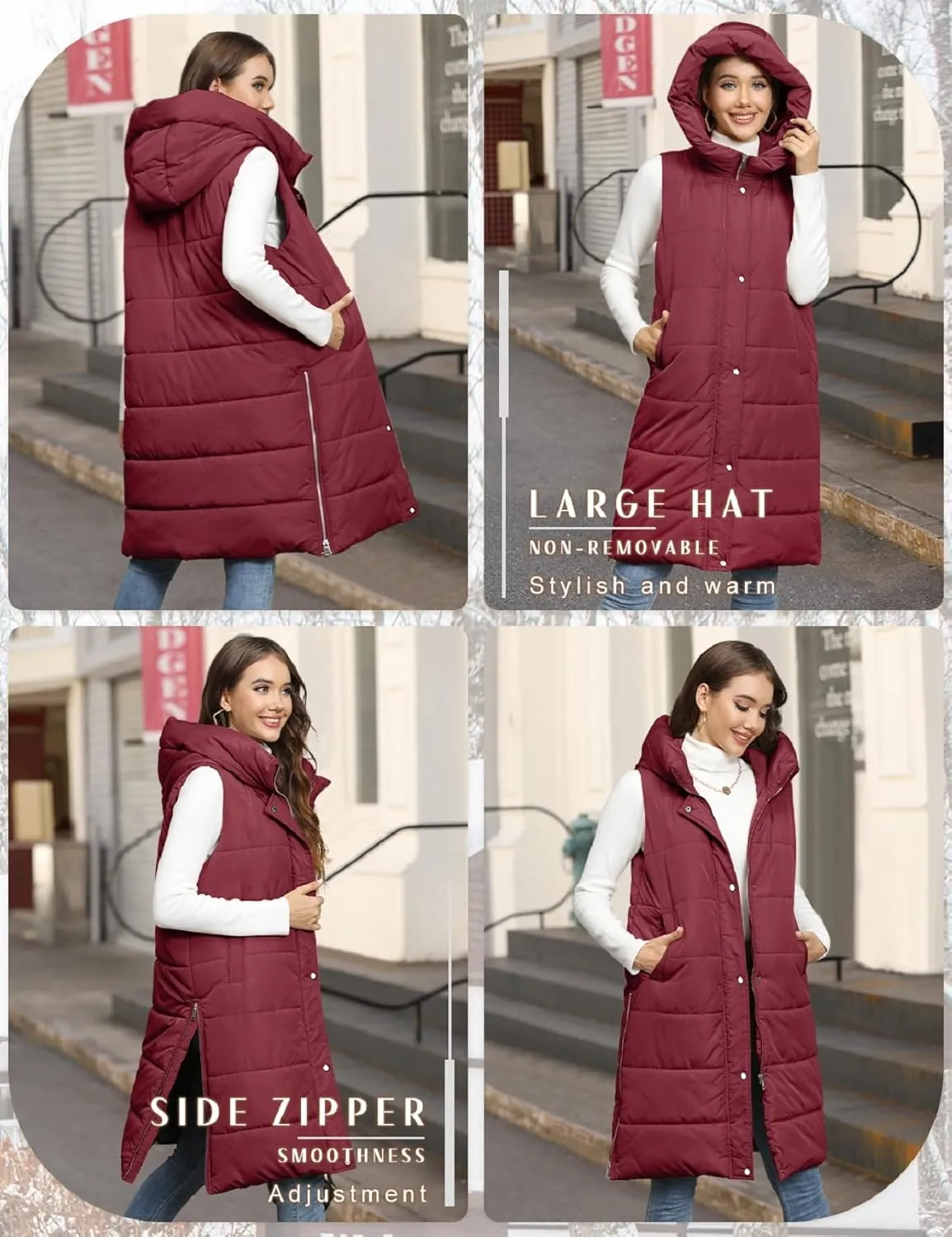 Puffer Vest for Women Long Down Hooded Vest Womens Sleeveless Zip Up Jacket Winter Thick Coats with Pockets