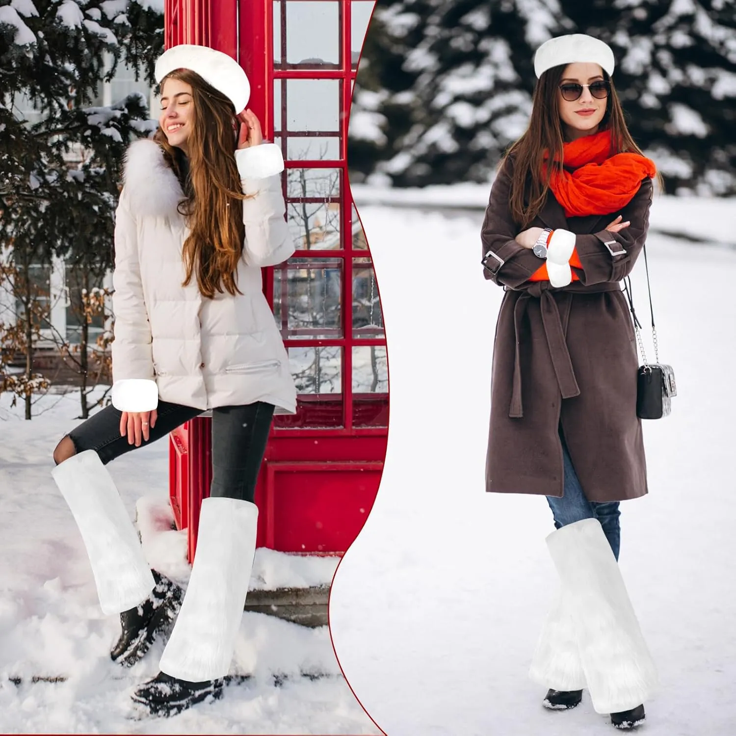 QZUnique Fuzzy Fur Leg Warmers Set - 3 Pcs Women Winter Furry Boot Cuffs Faux Fur Headband Wrist Bands Cover Long Leg Warmers