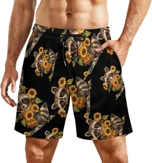 Raccoon Mom Sunflowers Men's Swim Trunks Quick Dry Board Shorts Swimwear Beach Shorts with Compression Liner