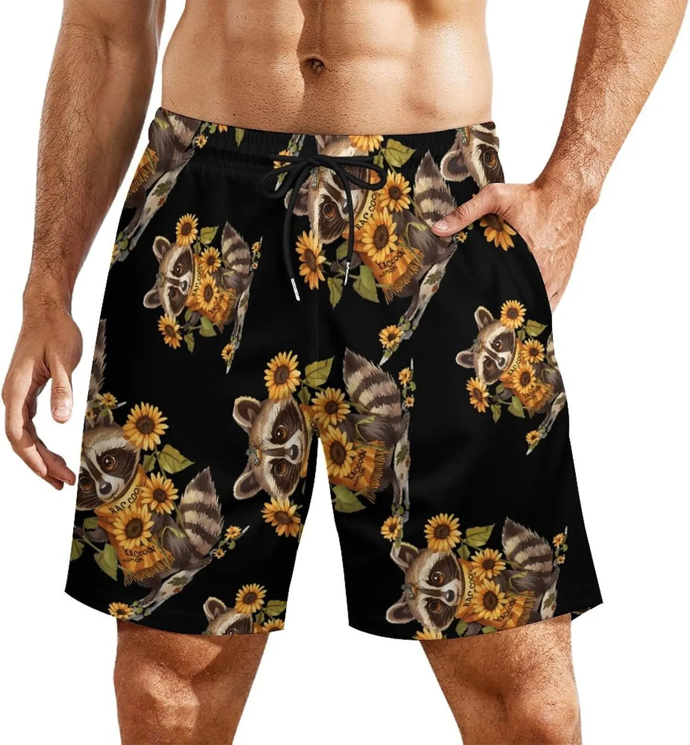 Raccoon Mom Sunflowers Men's Swim Trunks Quick Dry Board Shorts Swimwear Beach Shorts with Compression Liner