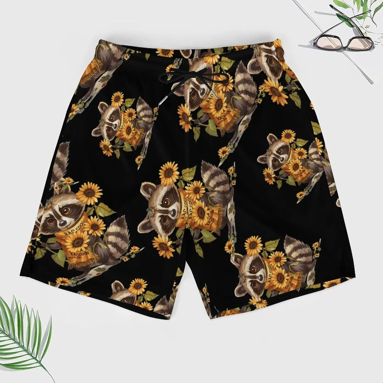 Raccoon Mom Sunflowers Men's Swim Trunks Quick Dry Board Shorts Swimwear Beach Shorts with Compression Liner