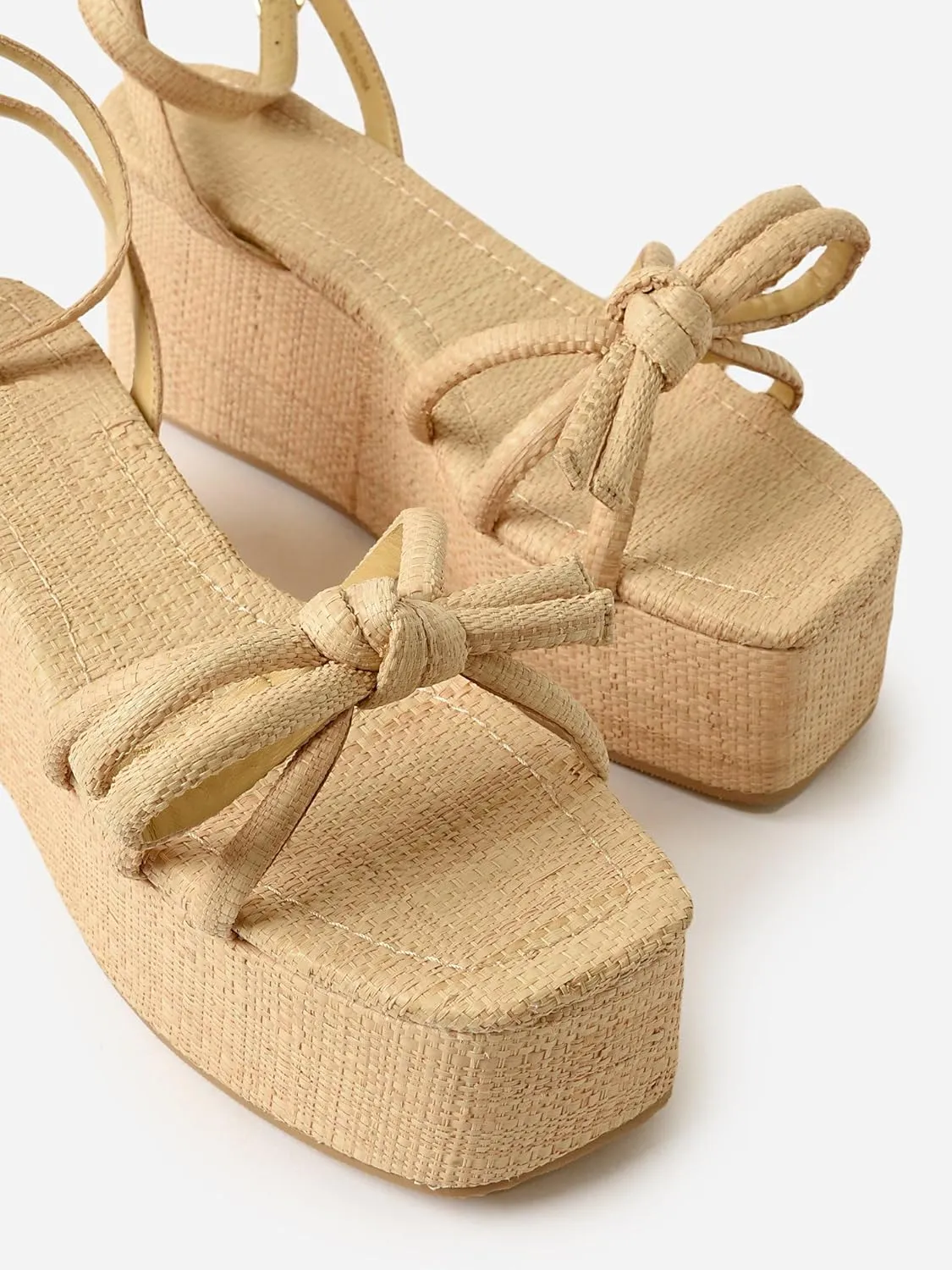 Raffia Platform Sandals for Women Espadrille Wedges Comfortable Summer Beach Slingback Sandals Bow Ankle Strappy Woven Straw Sandals