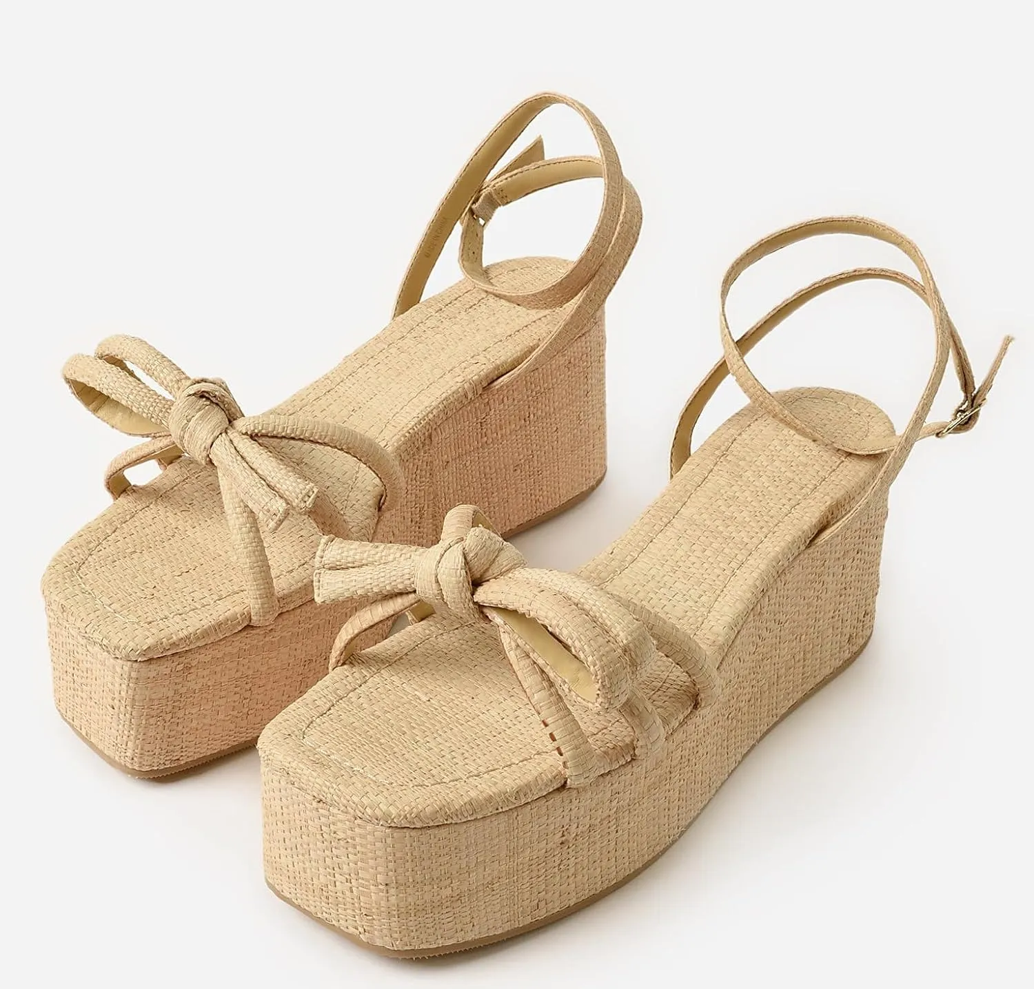 Raffia Platform Sandals for Women Espadrille Wedges Comfortable Summer Beach Slingback Sandals Bow Ankle Strappy Woven Straw Sandals