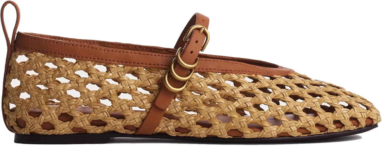 Raffia Woven Mesh Ballet Flats for Women Comfortable Metal Buckle Strap Mary Jane Ballet Flats Casual Closed Toe Ballerina Shoes.