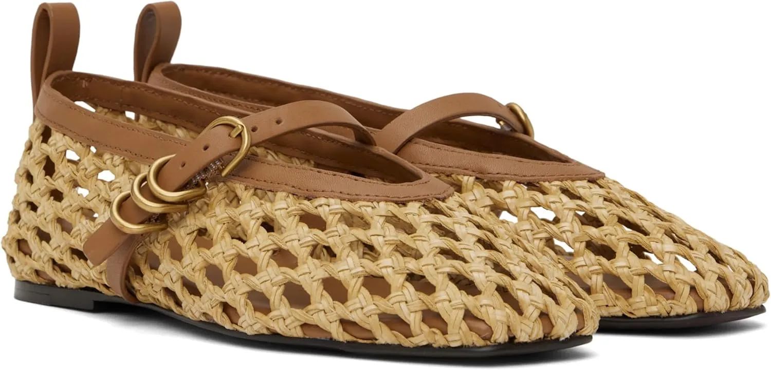 Raffia Woven Mesh Ballet Flats for Women Comfortable Metal Buckle Strap Mary Jane Ballet Flats Casual Closed Toe Ballerina Shoes.
