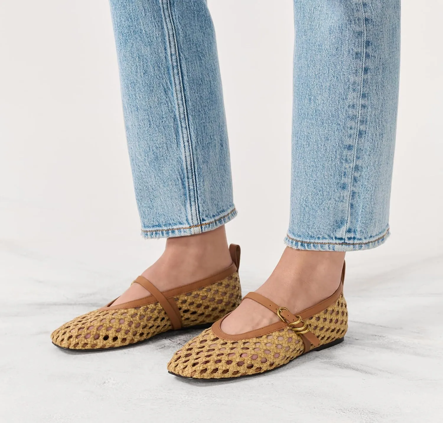 Raffia Woven Mesh Ballet Flats for Women Comfortable Metal Buckle Strap Mary Jane Ballet Flats Casual Closed Toe Ballerina Shoes.