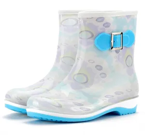 Rain Boots for Women Mid Calf Fashion Waterproof Plastic Low Heel Jelly Color Hasp Slip-on High Boots Comfy Casual Round Toe Square Heel Shoes