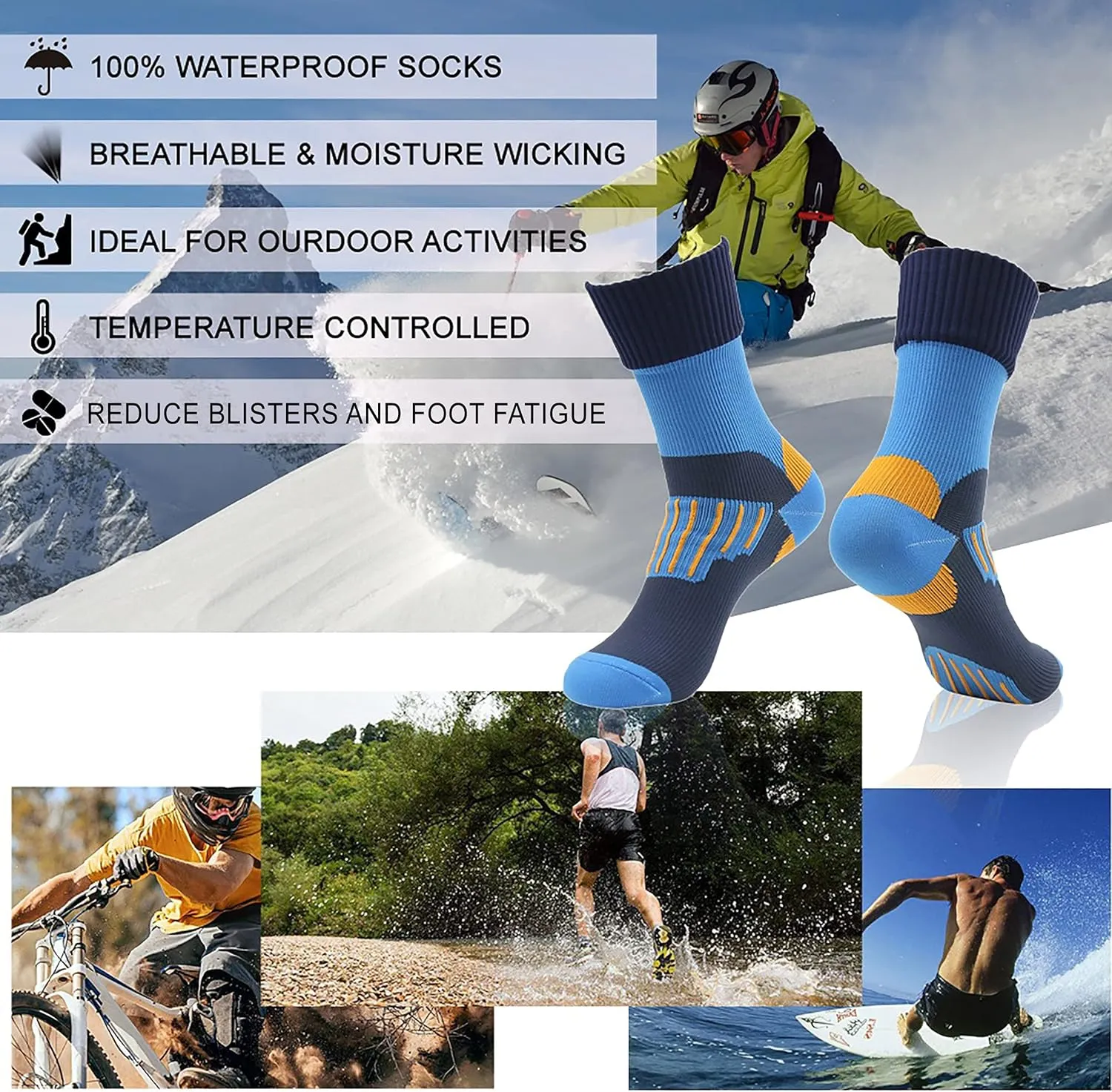 RANDY SUN Waterproof Socks, Unisex Hiking Wading Trail Running Kayaking Crew Socks