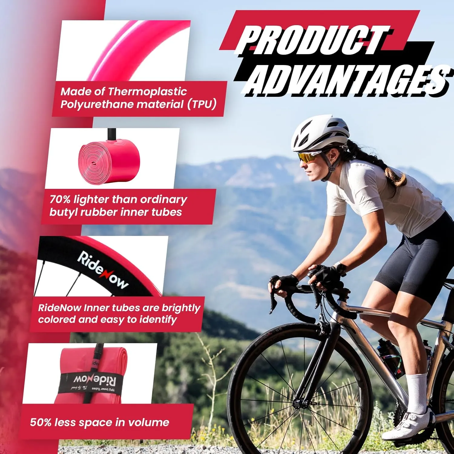 RideNow Bike Tire Tube for Road/MTB/Fatbike/Gravel/BMX, Bike Inner Tube with 45/65/85mm Presta Valves, Ultra-Light & Puncture Resistant TPU Inner Tube(Include Patch Repair Kits)