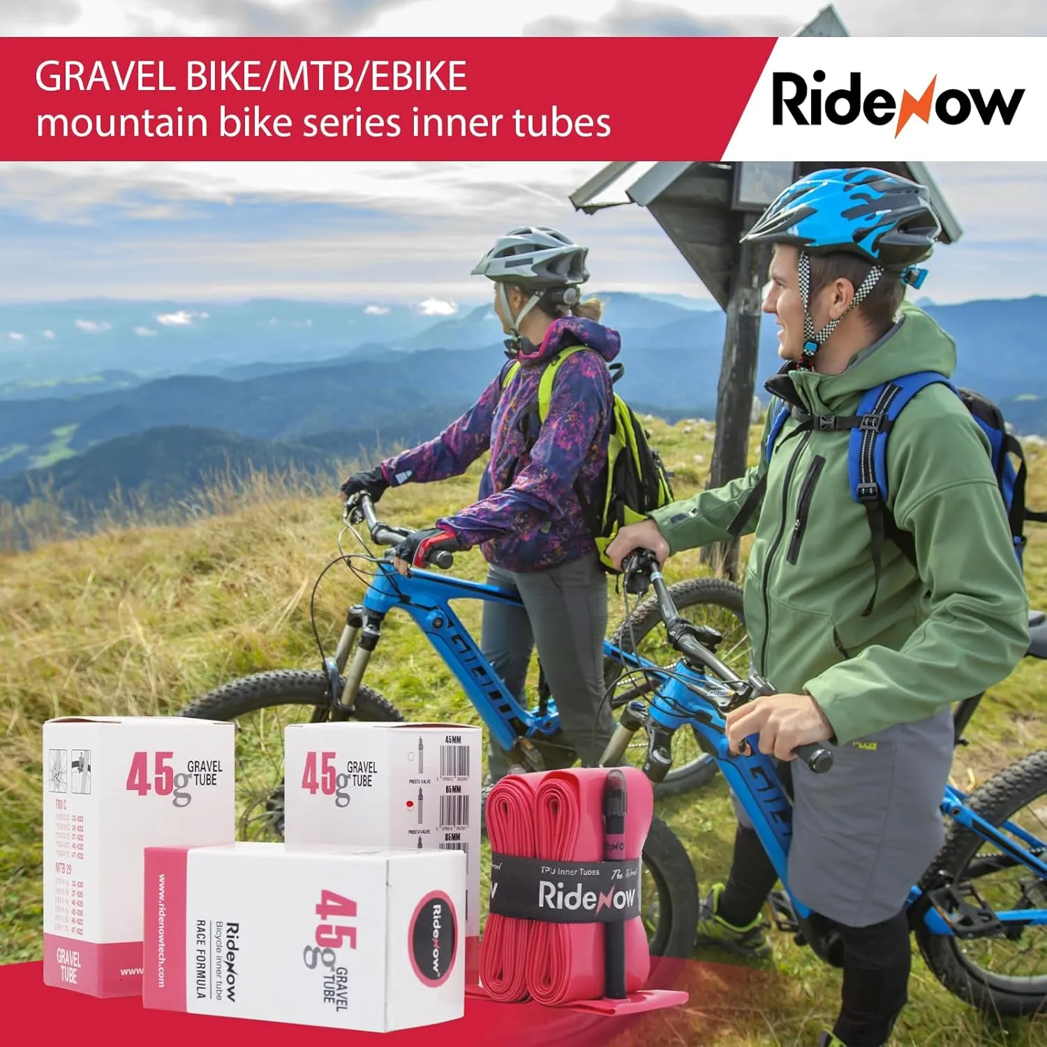 RideNow Bike Tire Tube for Road/MTB/Fatbike/Gravel/BMX, Bike Inner Tube with 45/65/85mm Presta Valves, Ultra-Light & Puncture Resistant TPU Inner Tube(Include Patch Repair Kits)