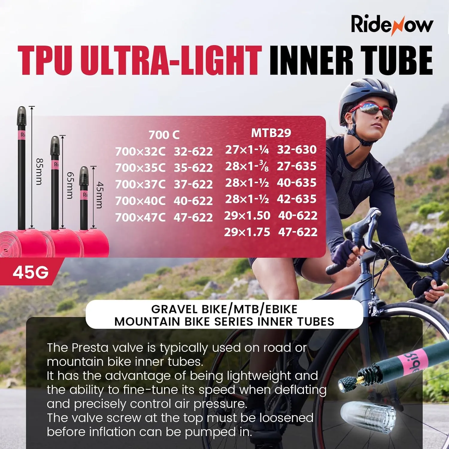 RideNow Bike Tire Tube for Road/MTB/Fatbike/Gravel/BMX, Bike Inner Tube with 45/65/85mm Presta Valves, Ultra-Light & Puncture Resistant TPU Inner Tube(Include Patch Repair Kits)