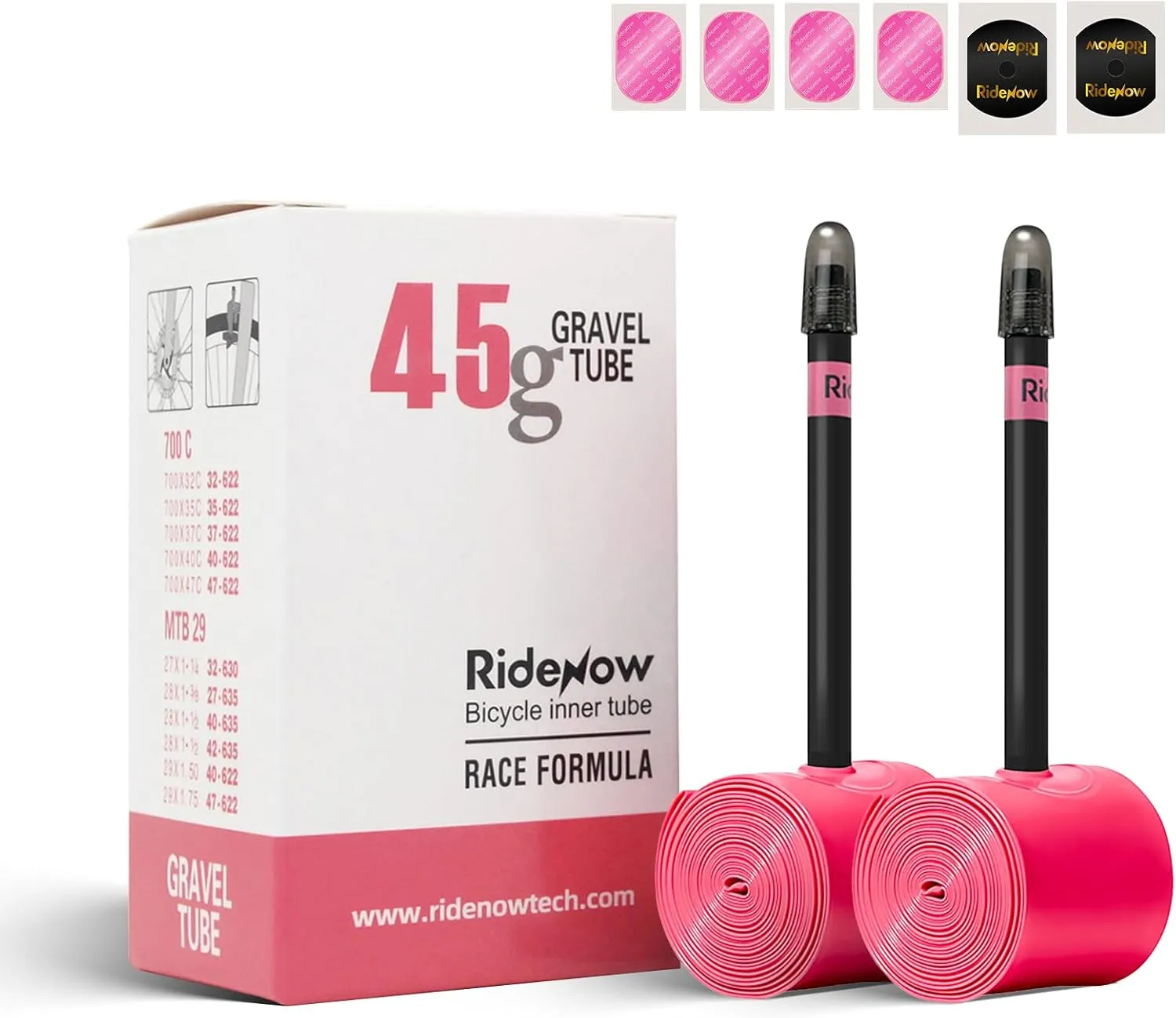 RideNow Bike Tire Tube for Road/MTB/Fatbike/Gravel/BMX, Bike Inner Tube with 45/65/85mm Presta Valves, Ultra-Light & Puncture Resistant TPU Inner Tube(Include Patch Repair Kits)