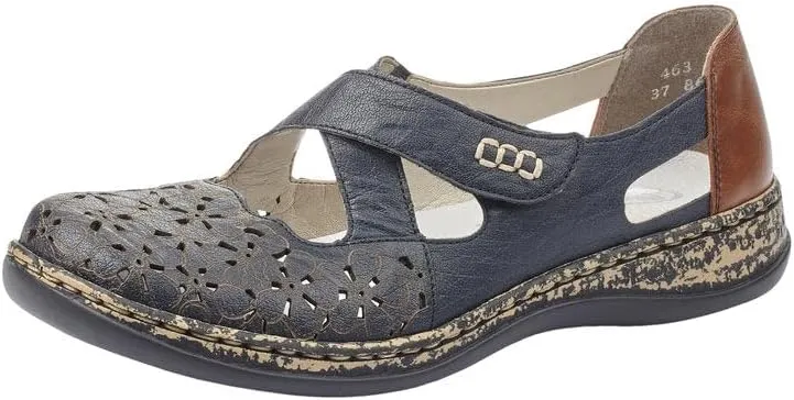 Rieker 463H4 Daisy Leather Mary Jane Shoes for Women - Lightweight Anti-Sess Casual Flats with Breathable Cutouts and Shock-Absorbing Sole for All-Day Comfort Blue 7-7.5 M US