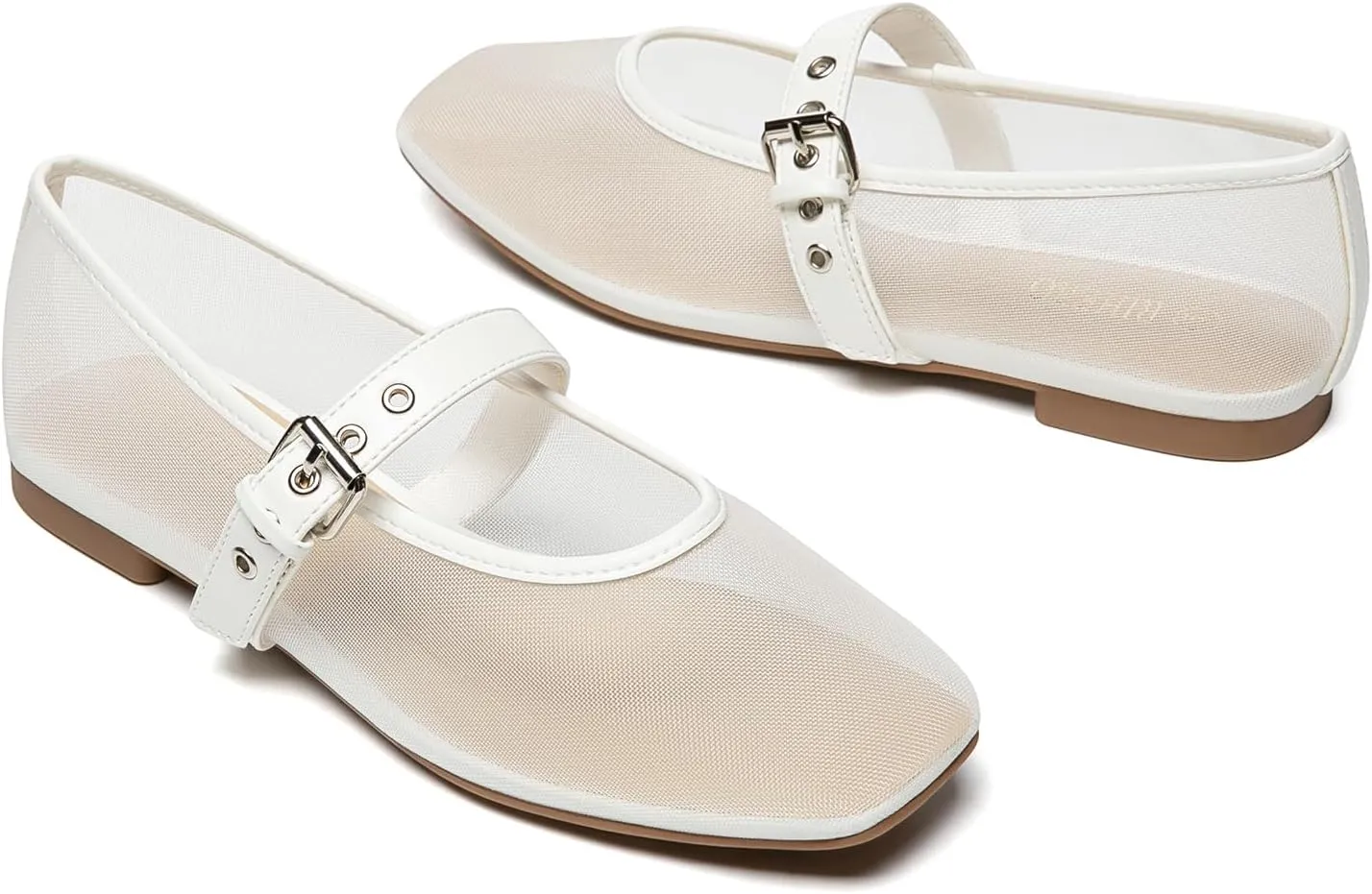 Rihero Mesh Ballet Flats for Women Square Toe Buckle Strap Mary Jane Flats Comfortable Casual Ballerina Shoes