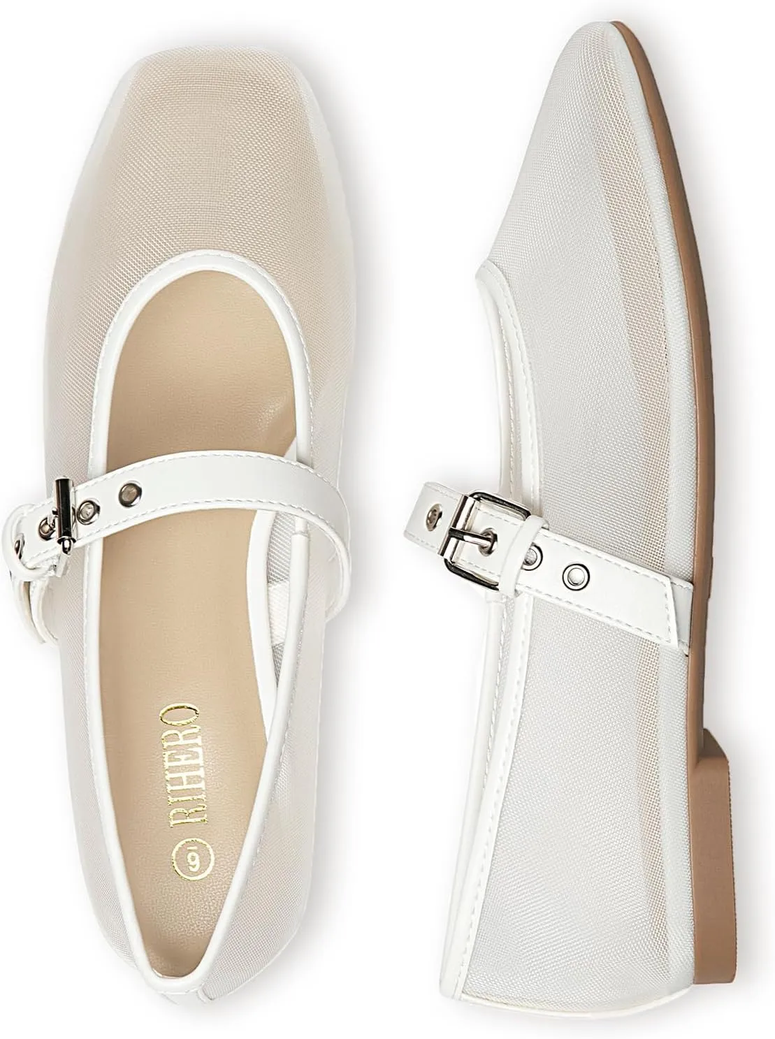 Rihero Mesh Ballet Flats for Women Square Toe Buckle Strap Mary Jane Flats Comfortable Casual Ballerina Shoes