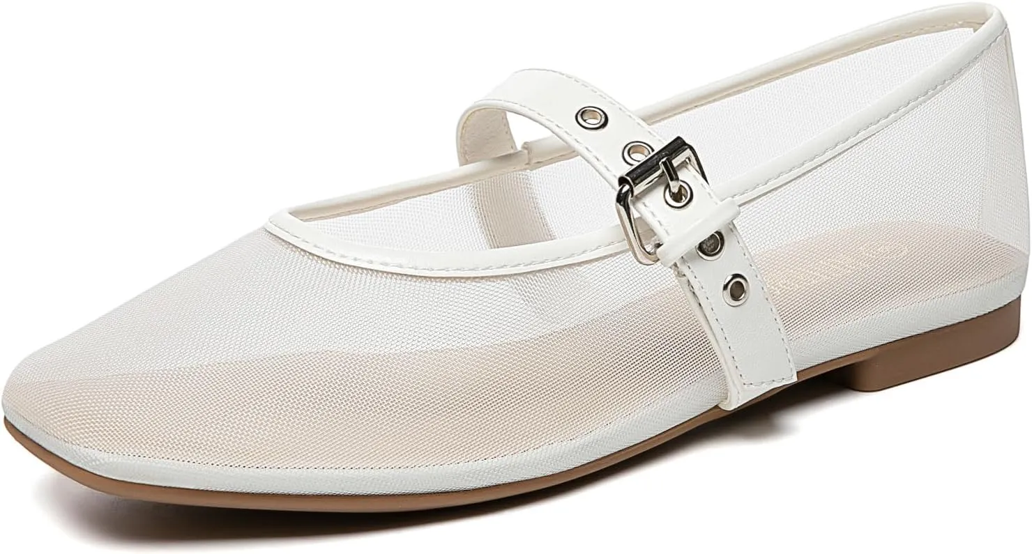 Rihero Mesh Ballet Flats for Women Square Toe Buckle Strap Mary Jane Flats Comfortable Casual Ballerina Shoes
