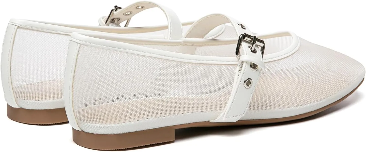 Rihero Mesh Ballet Flats for Women Square Toe Buckle Strap Mary Jane Flats Comfortable Casual Ballerina Shoes