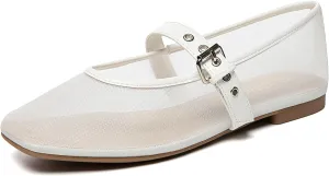 Rihero Mesh Ballet Flats for Women Square Toe Buckle Strap Mary Jane Flats Comfortable Casual Ballerina Shoes