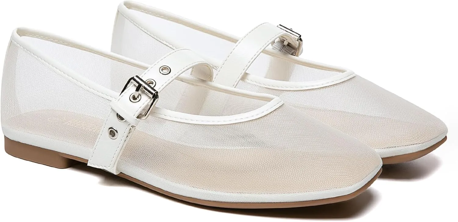 Rihero Mesh Ballet Flats for Women Square Toe Buckle Strap Mary Jane Flats Comfortable Casual Ballerina Shoes