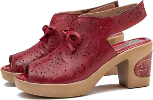 Riutiru Women's Handmade Lambskin Retro Casual Sandals for Spring and Summer, Contrast 3D Color-blocking Flower Comfortable High-heeled Sandals for Women