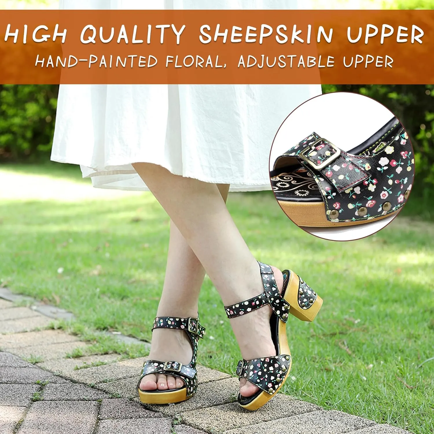 Riutiru Women's Handmade Lambskin Retro Casual Sandals for Spring and Summer, Contrast 3D Color-blocking Flower Comfortable High-heeled Sandals for Women