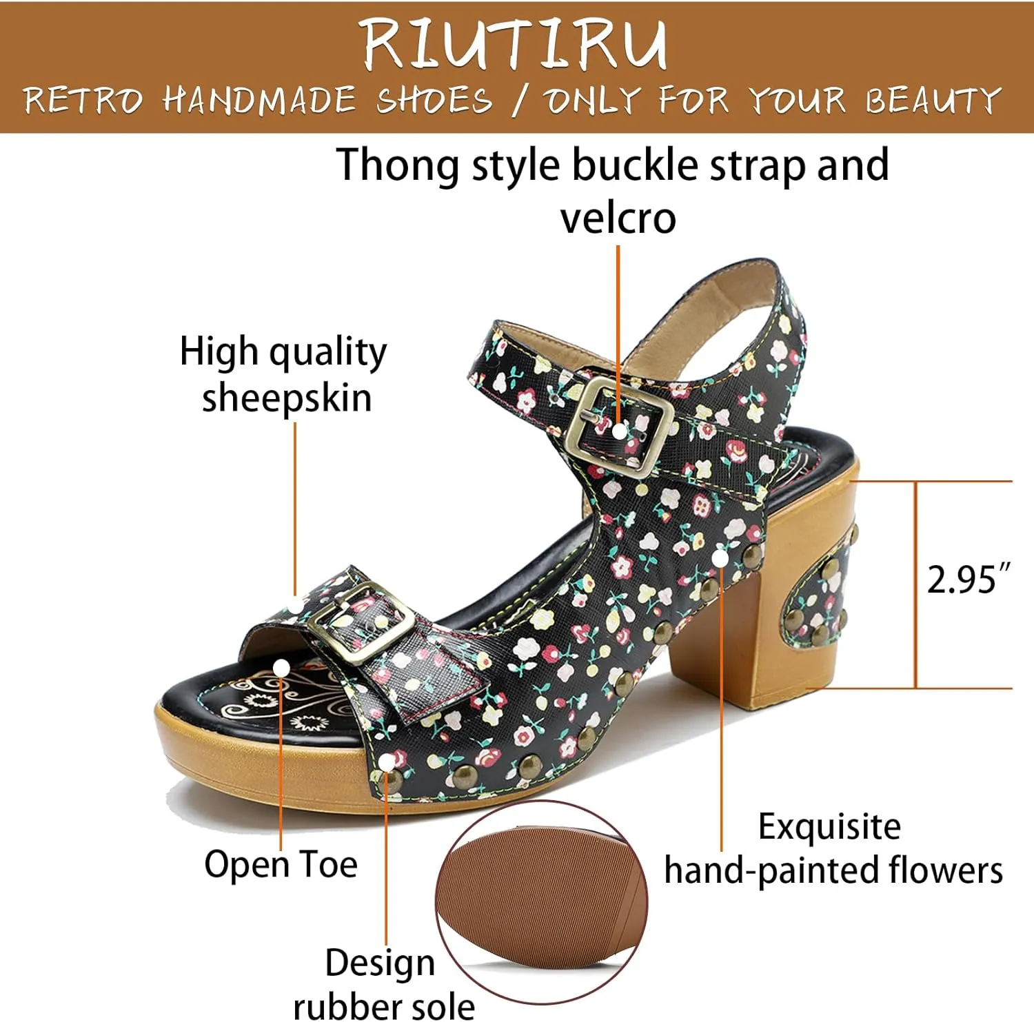 Riutiru Women's Handmade Lambskin Retro Casual Sandals for Spring and Summer, Contrast 3D Color-blocking Flower Comfortable High-heeled Sandals for Women