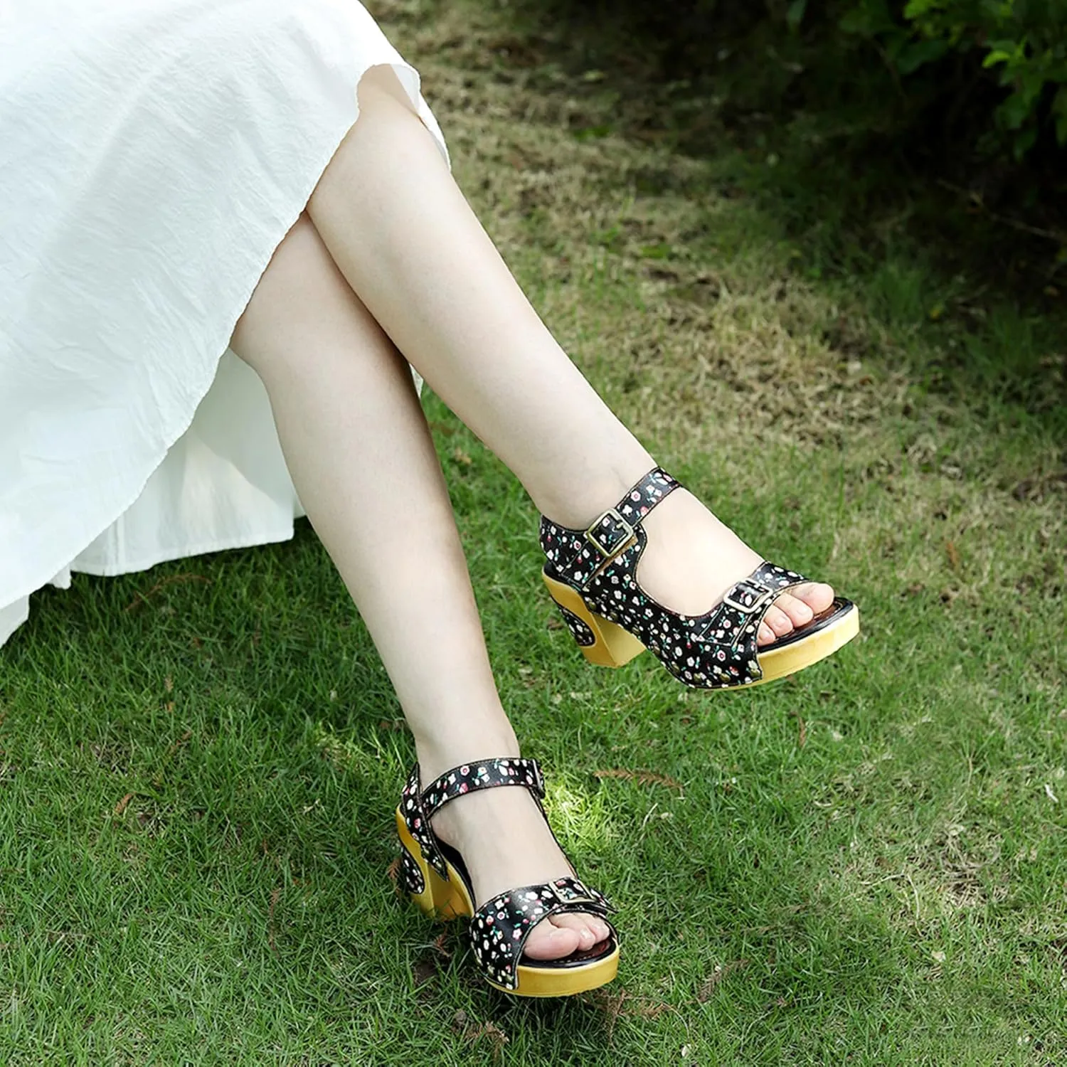 Riutiru Women's Handmade Lambskin Retro Casual Sandals for Spring and Summer, Contrast 3D Color-blocking Flower Comfortable High-heeled Sandals for Women