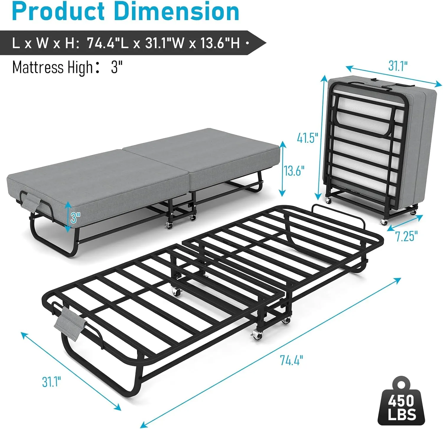 SADENICEL Folding Bed with Mattress for Adults, Portable Foldable Roll Away Bed on Wheels, Memory Foam Mattress and Metal Frame, Space Saving Fold Up for Easy Storage, 75" x 31"