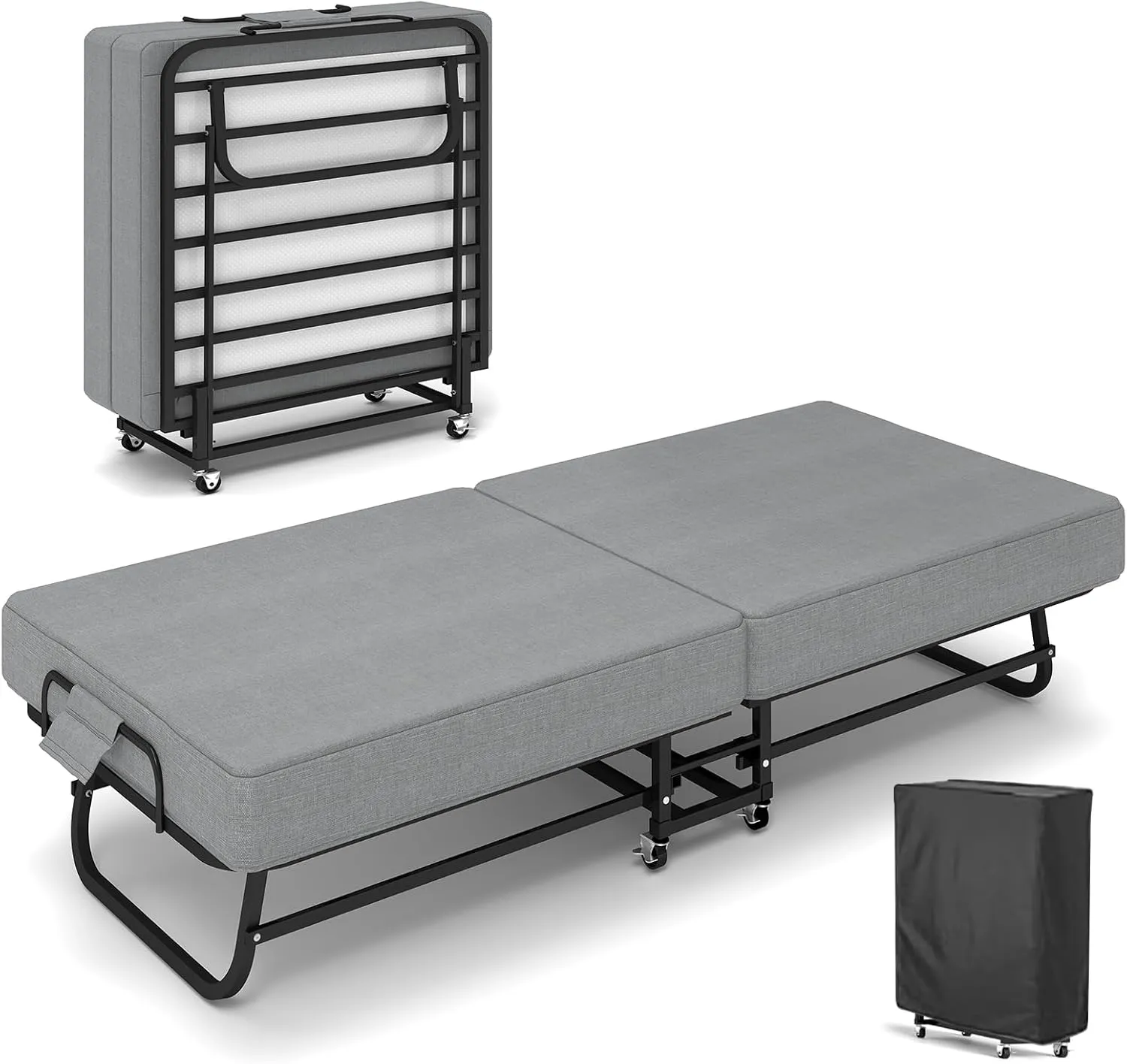 SADENICEL Folding Bed with Mattress for Adults, Portable Foldable Roll Away Bed on Wheels, Memory Foam Mattress and Metal Frame, Space Saving Fold Up for Easy Storage, 75" x 31"