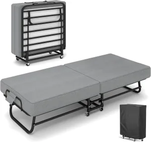 SADENICEL Folding Bed with Mattress for Adults, Portable Foldable Roll Away Bed on Wheels, Memory Foam Mattress and Metal Frame, Space Saving Fold Up for Easy Storage, 75" x 31"