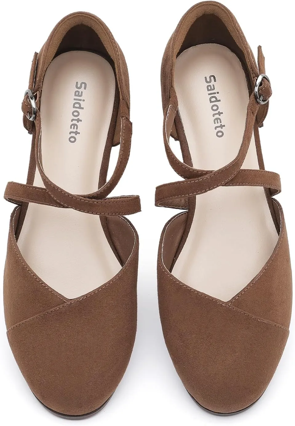 Saidoteto Women's Ankle Strap Flats - Comfortable Round Toe Dress Shoes with Adjustable Buckle, Criss-Cross Design for Work, Wedding, Office & Casual. Brown Size 6 WFT240810-03