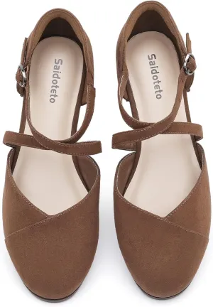 Saidoteto Women's Ankle Strap Flats - Comfortable Round Toe Dress Shoes with Adjustable Buckle, Criss-Cross Design for Work, Wedding, Office & Casual. Brown Size 6 WFT240810-03