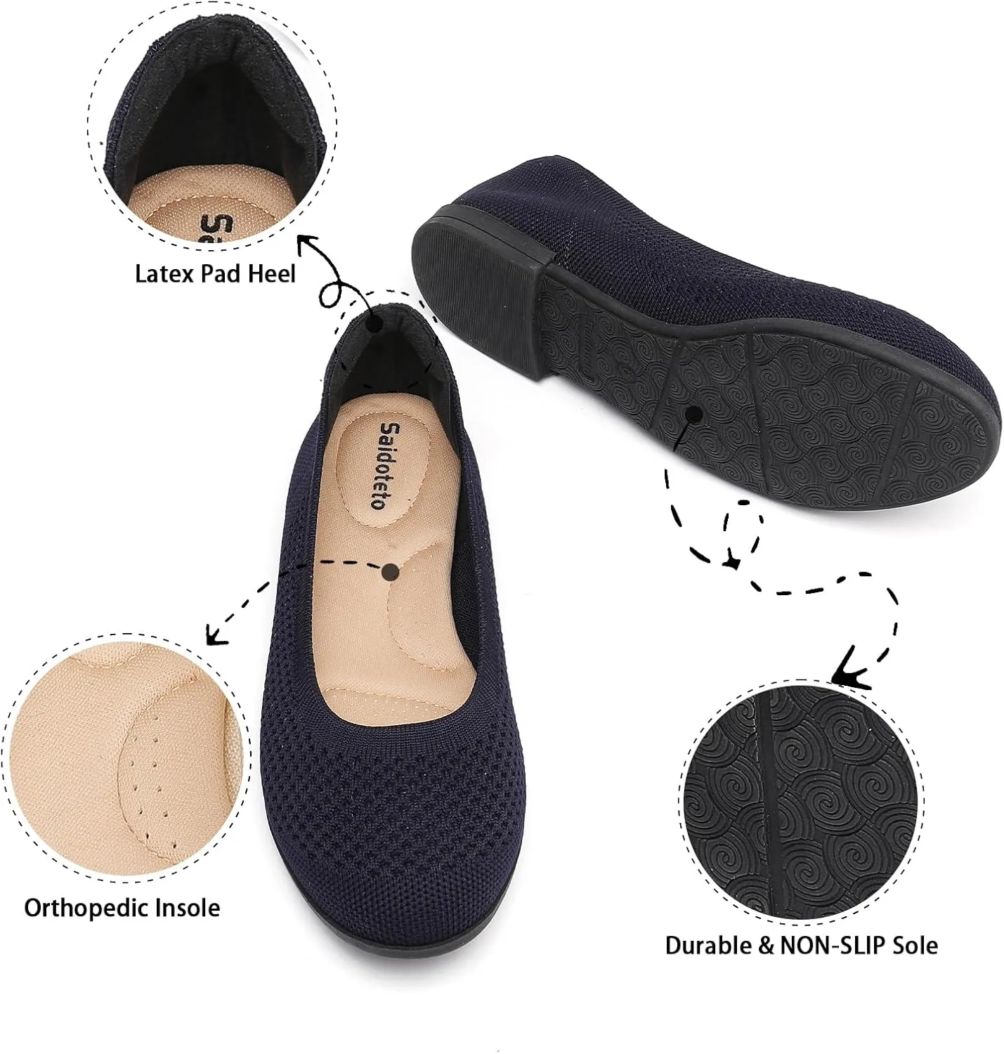 Saidoteto Women's Ballet Flats - Comfortable Round Toe Knit Slip-On Shoes, Casual Office Dress Flats for Work