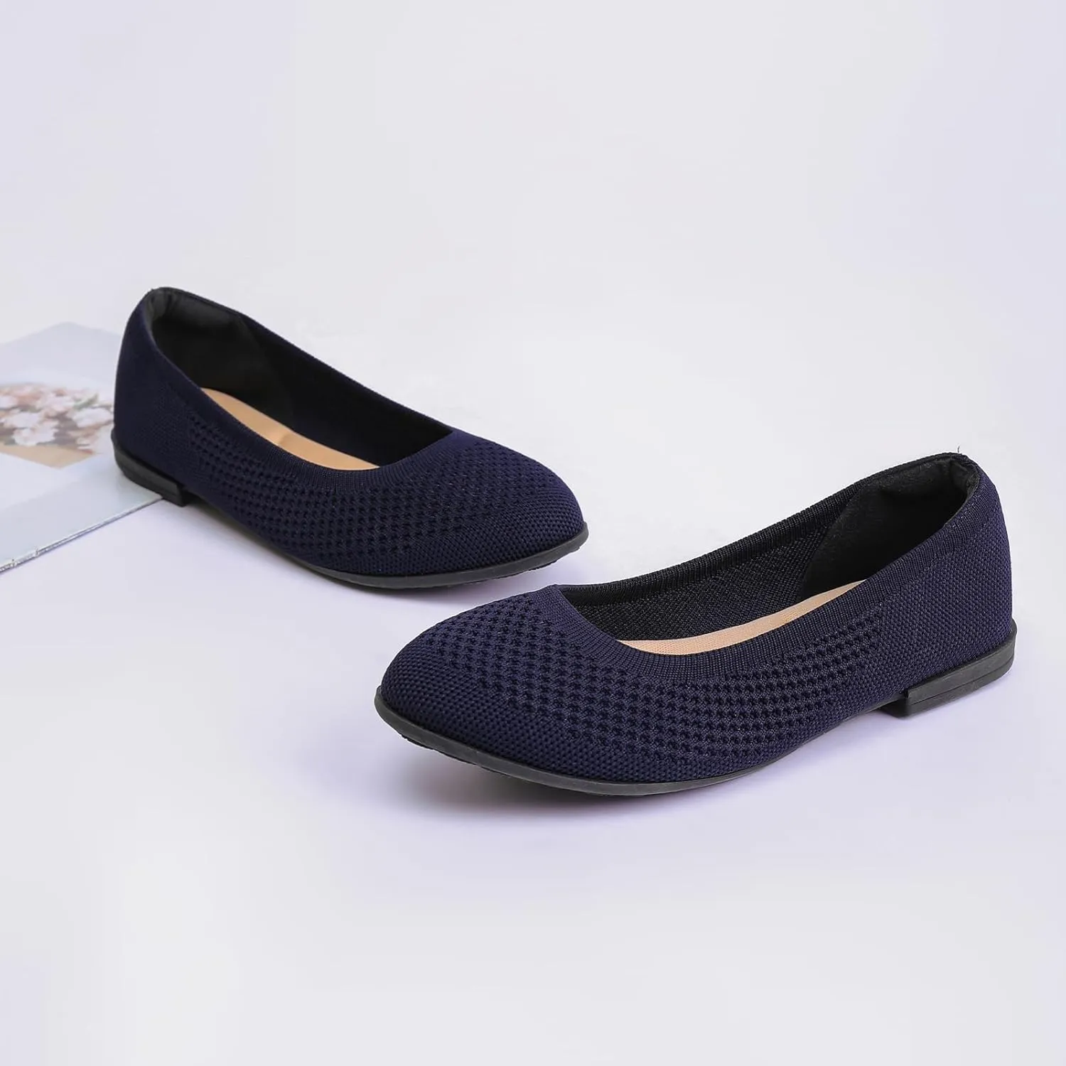 Saidoteto Women's Ballet Flats - Comfortable Round Toe Knit Slip-On Shoes, Casual Office Dress Flats for Work