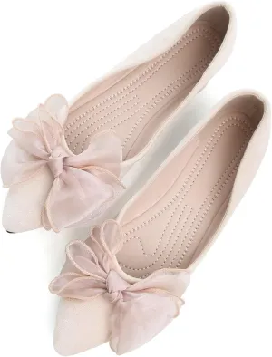 SAILING LU Womens Bow-Knot Ballet Flats Pointed Toe Low-Heel Shoes Suede Dress Shoes Slip On Moccasins