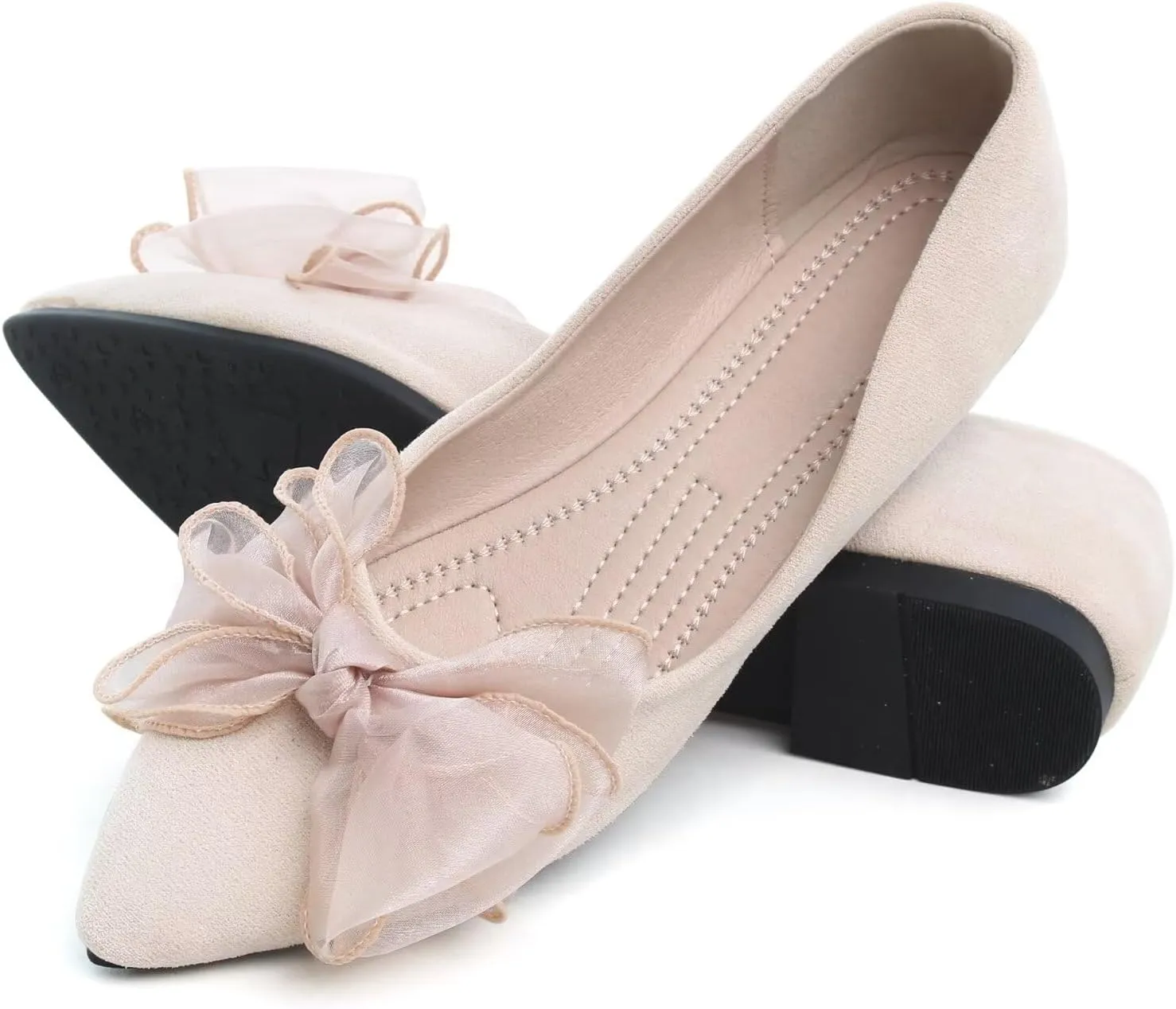 SAILING LU Womens Bow-Knot Ballet Flats Pointed Toe Low-Heel Shoes Suede Dress Shoes Slip On Moccasins