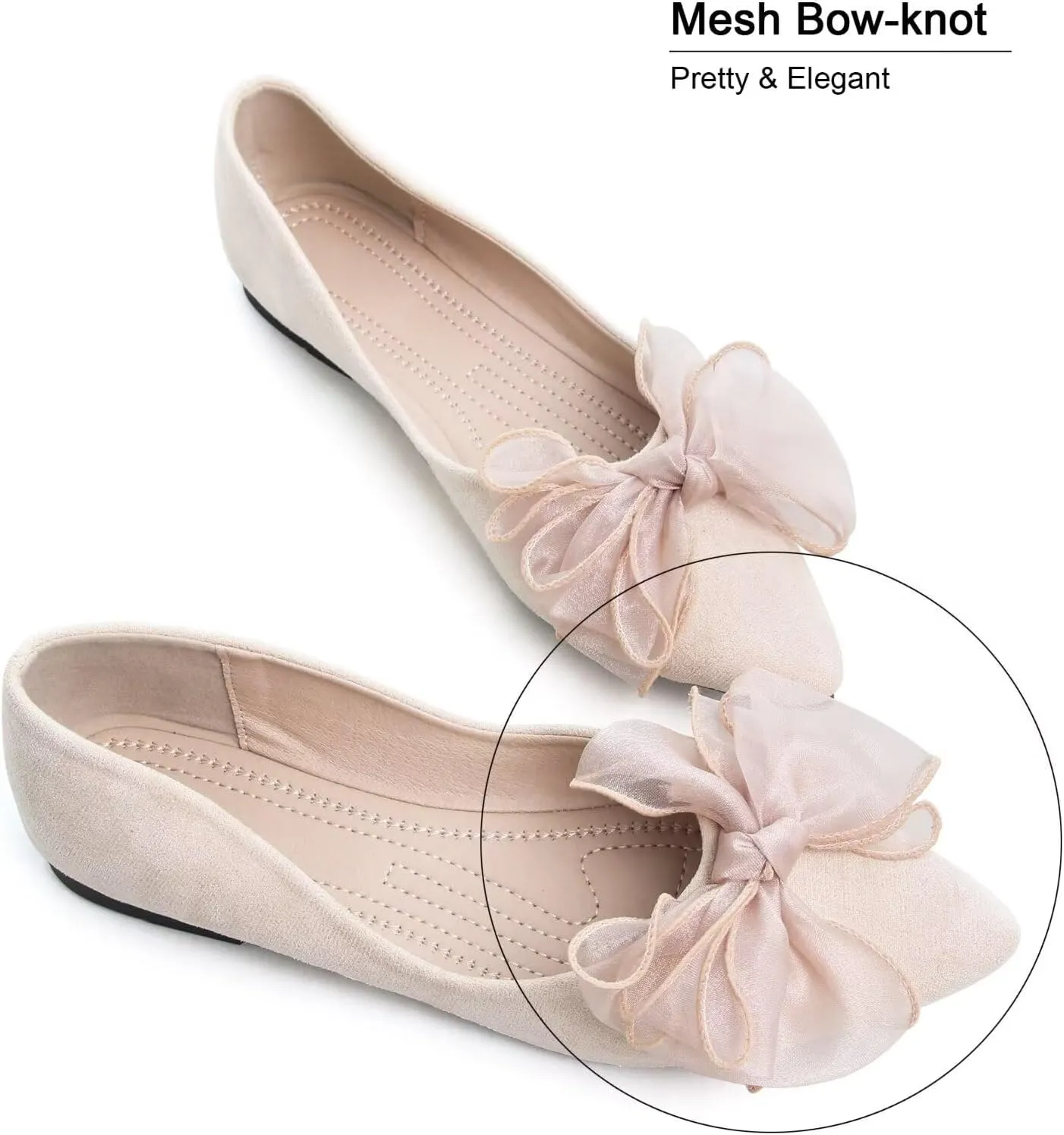 SAILING LU Womens Bow-Knot Ballet Flats Pointed Toe Low-Heel Shoes Suede Dress Shoes Slip On Moccasins
