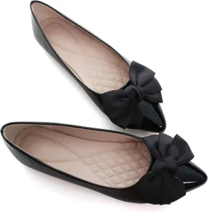 SAILING LU Womens Pointed Toe Shoes PU Ballet Flats Bow-Knot Dress Shoes Slip-on Comfortable Wear to Work Walking Flat Slip-ons