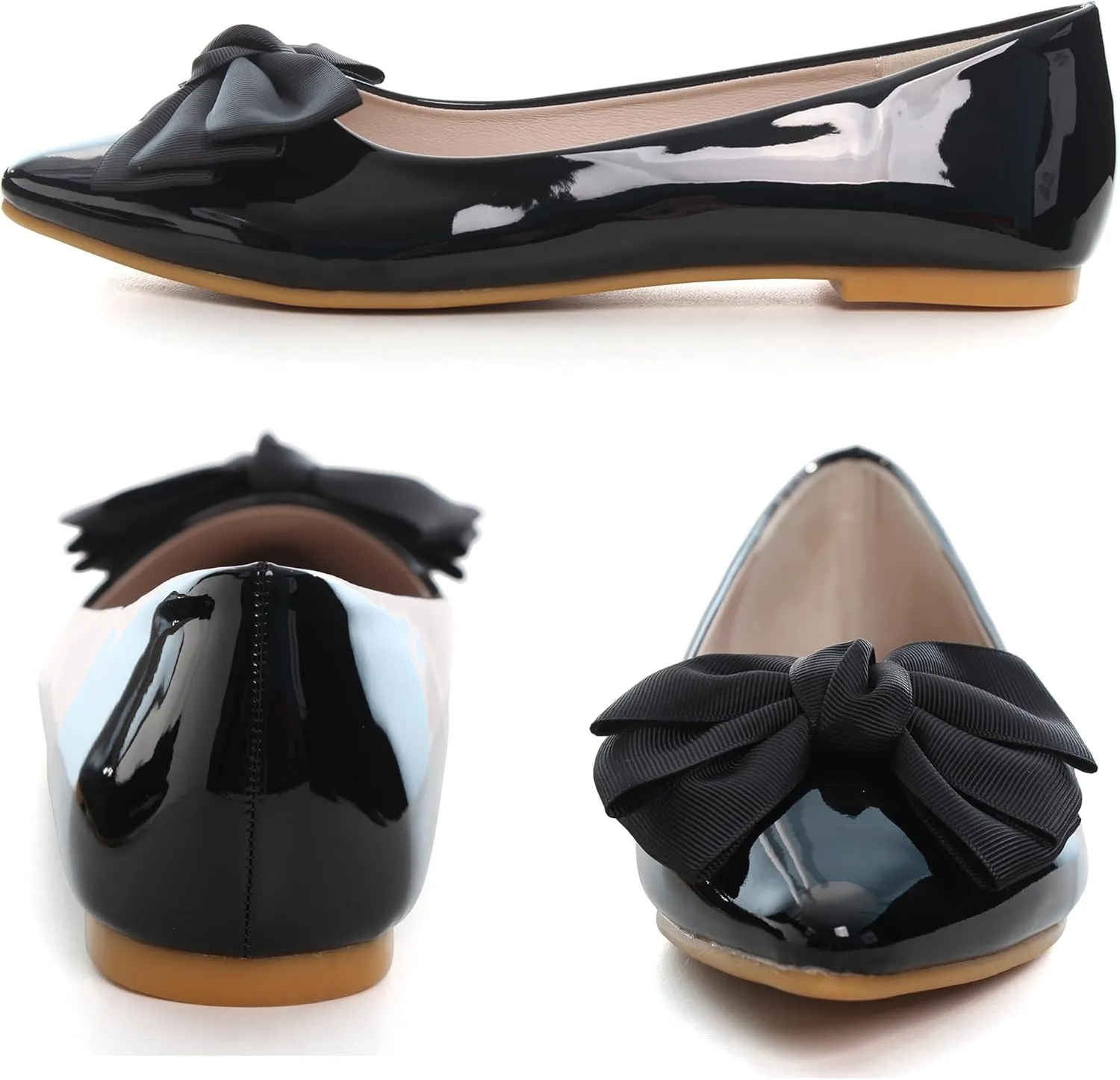 SAILING LU Womens Pointed Toe Shoes PU Ballet Flats Bow-Knot Dress Shoes Slip-on Comfortable Wear to Work Walking Flat Slip-ons