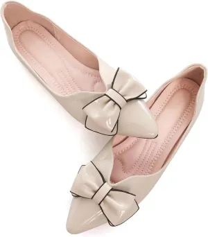 SAILING LU Womens Pointed Toe Shoes PU Ballet Flats Bow-Knot Dress Shoes Slip-on Comfortable Wear to Work Walking Flat Slip-ons