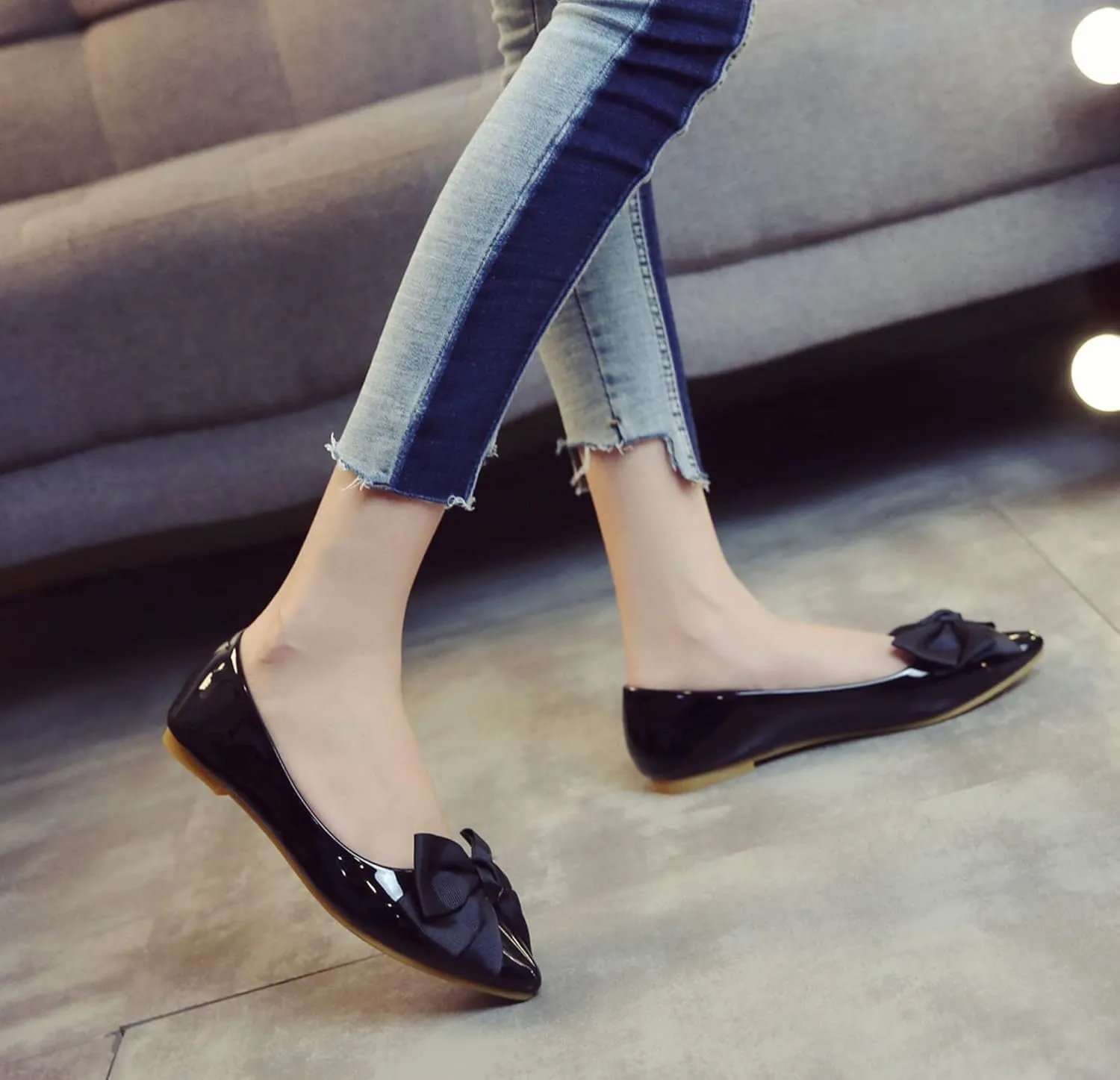 SAILING LU Womens Pointed Toe Shoes PU Ballet Flats Bow-Knot Dress Shoes Slip-on Comfortable Wear to Work Walking Flat Slip-ons