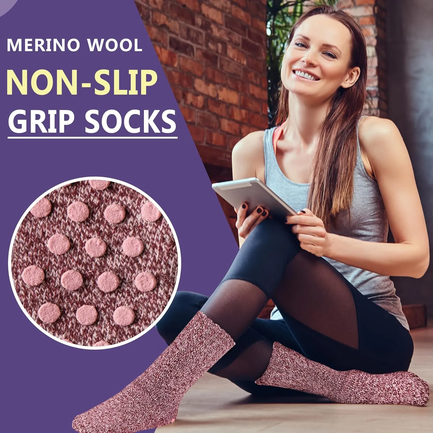 SeeyAN Non Slip Socks - Women's Hiking Thermal Merino Wool Winter Anti Skid Socks (3 Pairs)