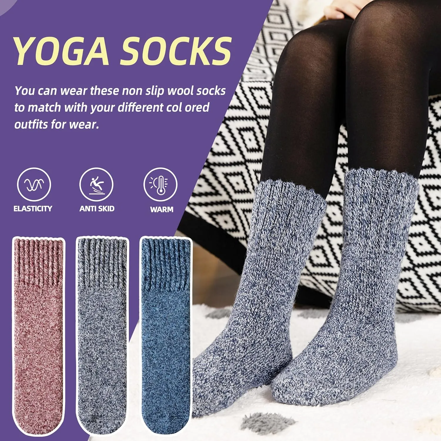 SeeyAN Non Slip Socks - Women's Hiking Thermal Merino Wool Winter Anti Skid Socks (3 Pairs)