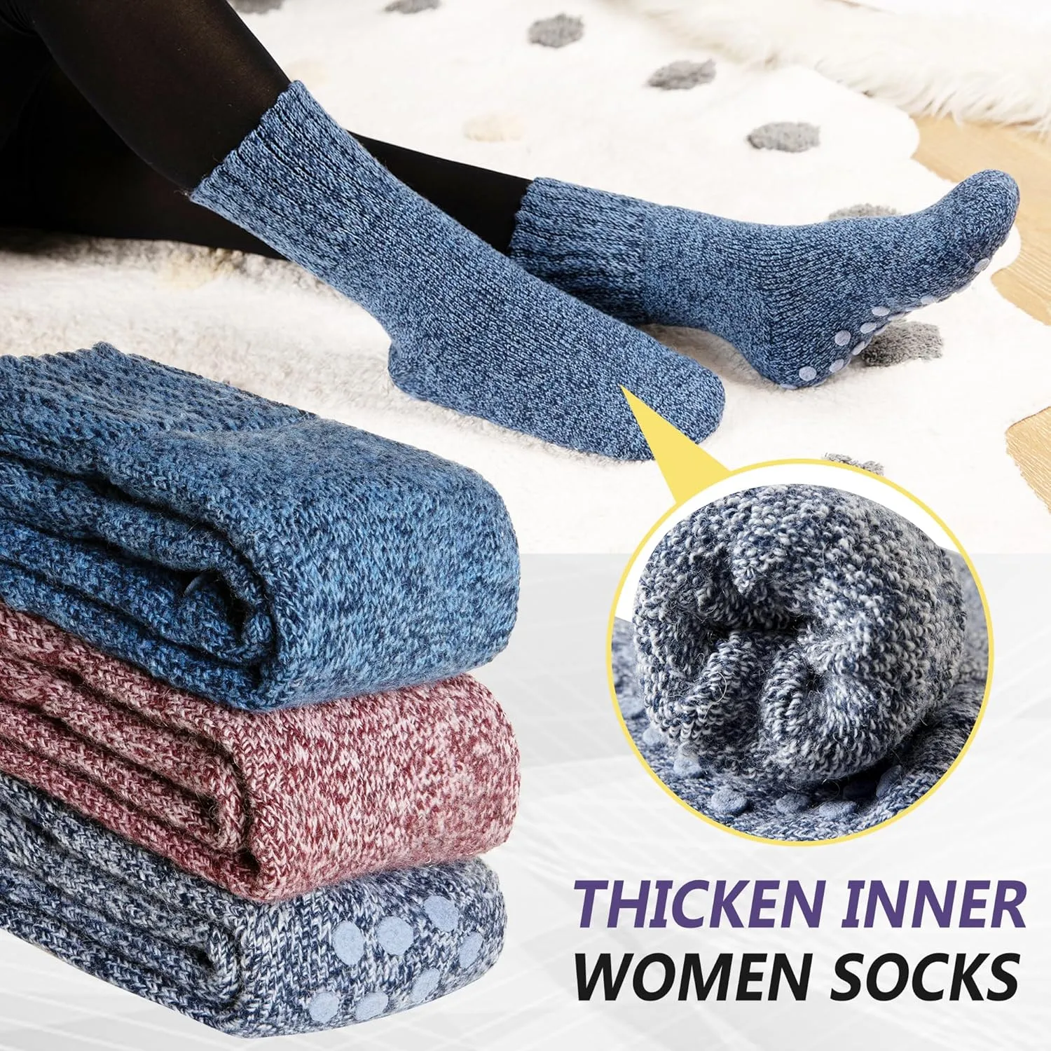 SeeyAN Non Slip Socks - Women's Hiking Thermal Merino Wool Winter Anti Skid Socks (3 Pairs)