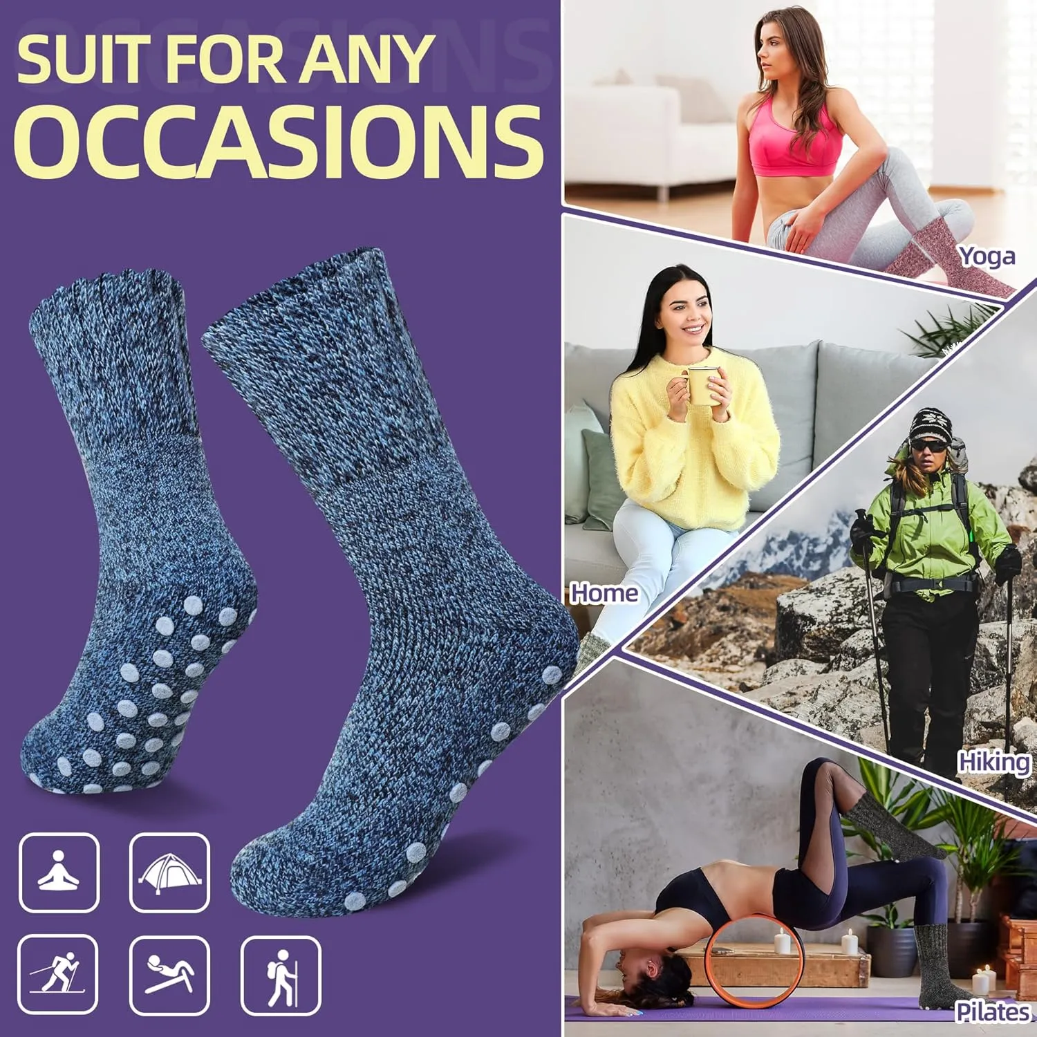 SeeyAN Non Slip Socks - Women's Hiking Thermal Merino Wool Winter Anti Skid Socks (3 Pairs)