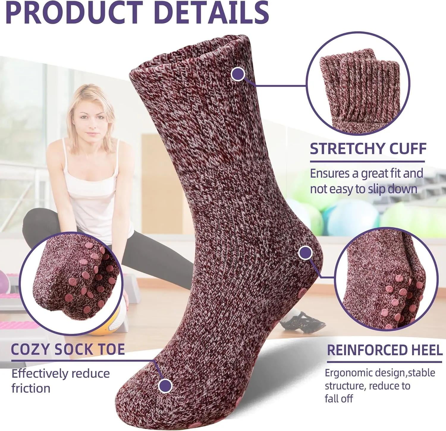 SeeyAN Non Slip Socks - Women's Hiking Thermal Merino Wool Winter Anti Skid Socks (3 Pairs)