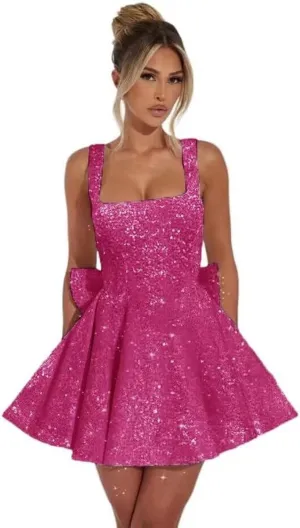 Sequin Homecoming Dresses for Teens 2025 - Short HOCO Dress with Bow Cocktail Party Gown Above Knee