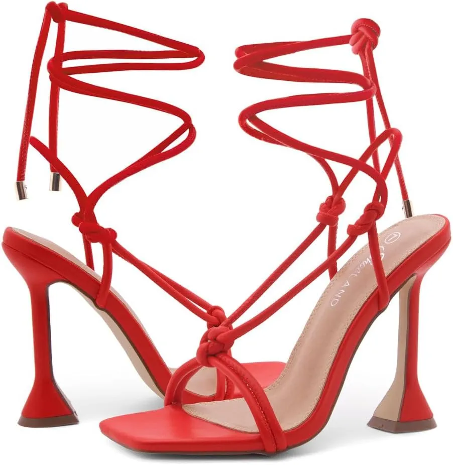 Shoe Land SL-Melody Women's Lace-Up Heels, Dressy Strappy High Heel Sandals, Square Open Toe with Tie-Up Ankle Wrap – Stiletto Heels for Prom, Party, and Wedding