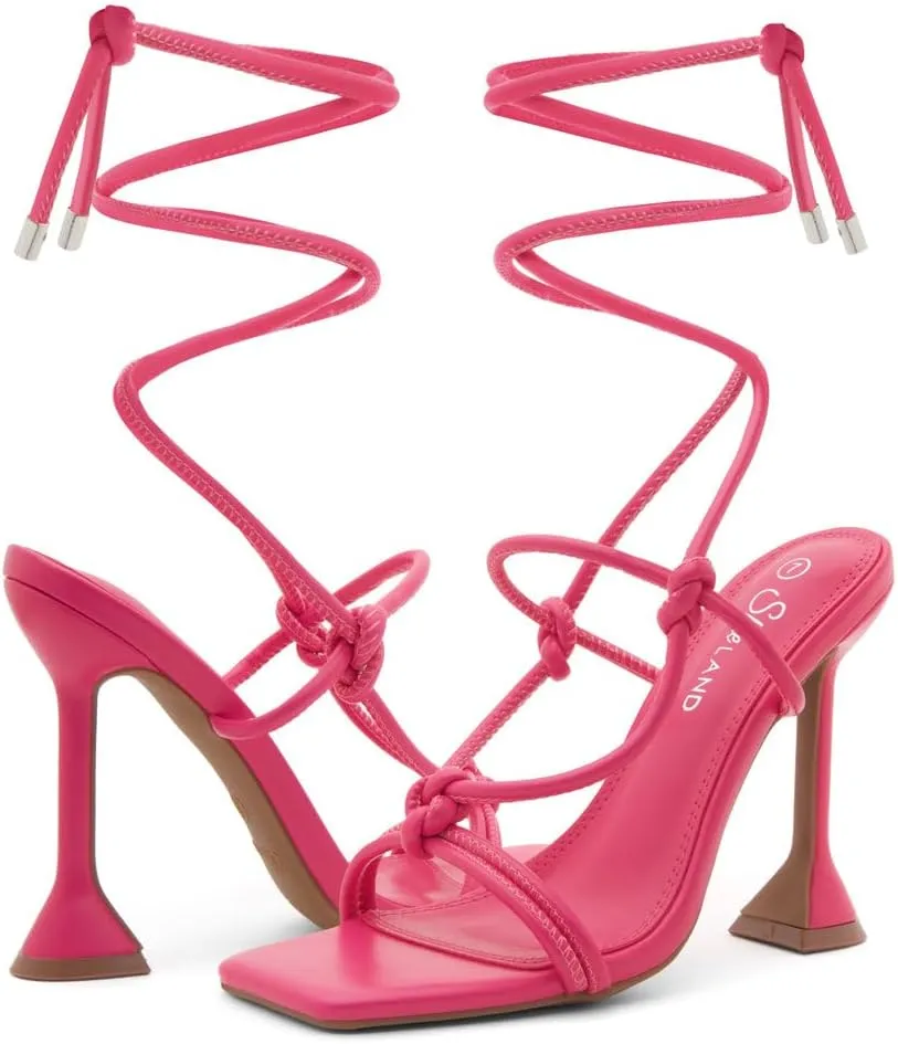 Shoe Land SL-Melody Women's Lace-Up Heels, Dressy Strappy High Heel Sandals, Square Open Toe with Tie-Up Ankle Wrap – Stiletto Heels for Prom, Party, and Wedding